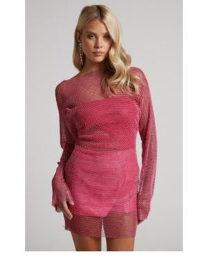 Sheer Rhinestone Mesh Mini Dress - Pink